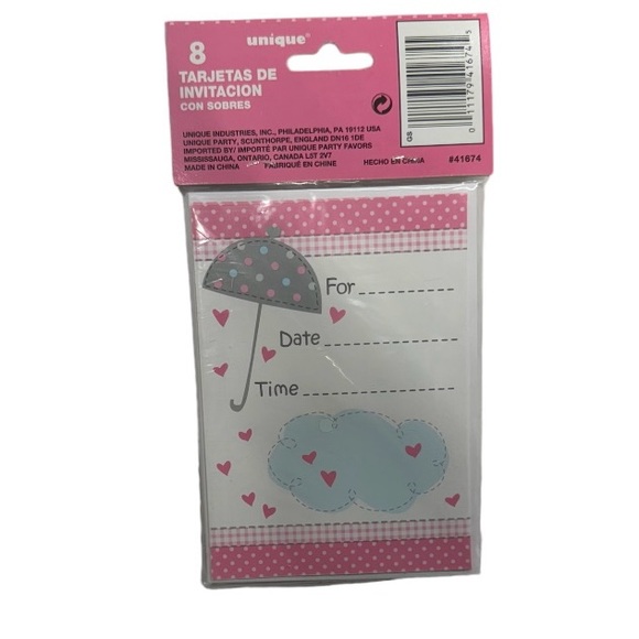 8 baby shower invitations. Pink and white with elephant on front, new in package - Picture 2 of 4